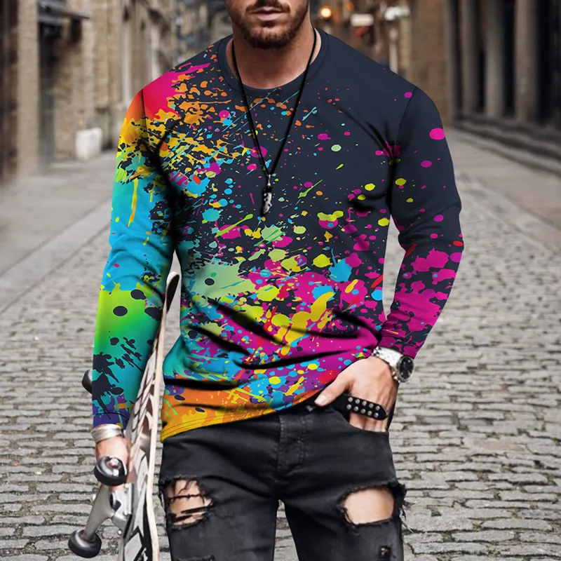 

Casual Men's Sweater Fall Long Sleeve O-Neck Polka Dot Print Pullover Top Men's Oversized T-shirt