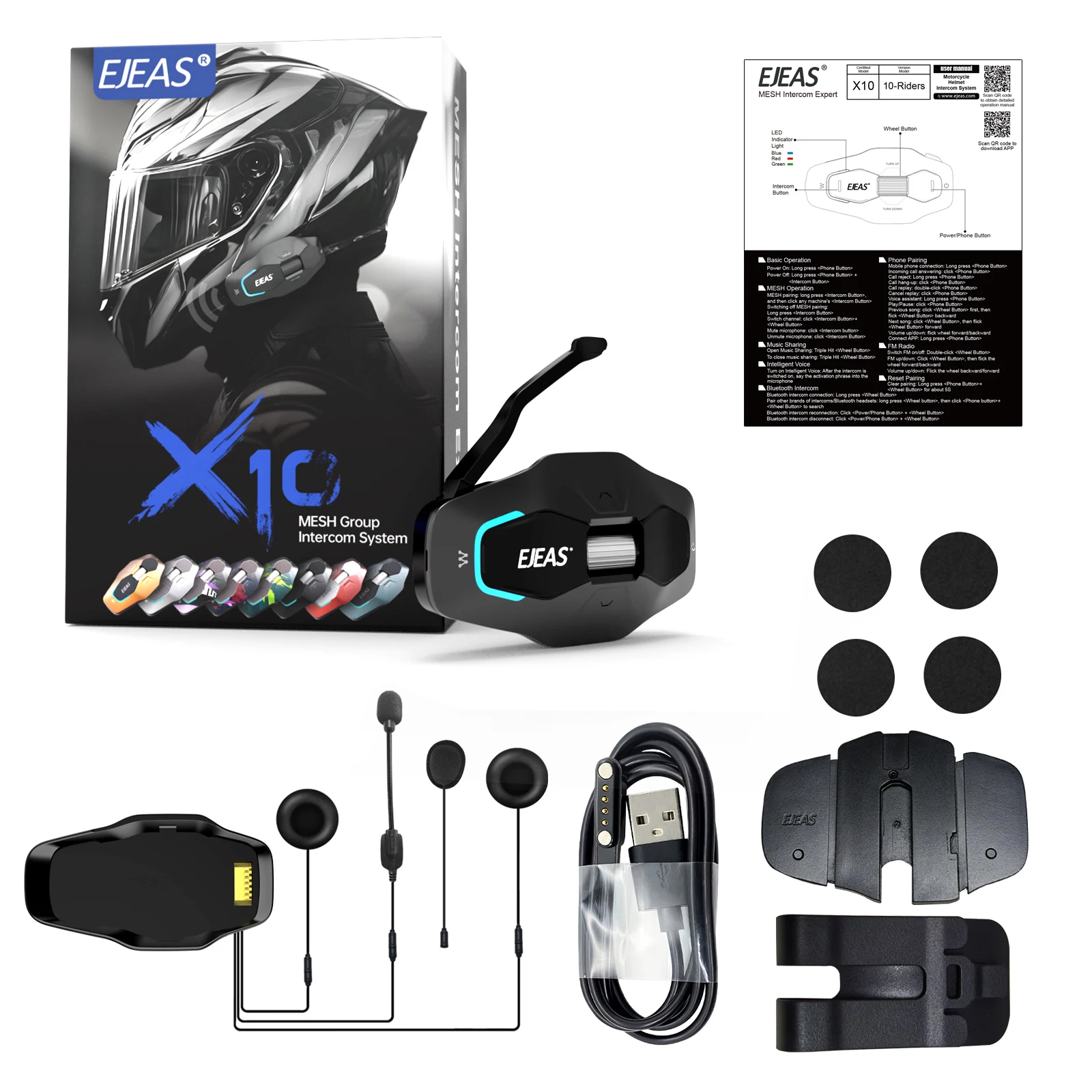 

Новый EJEAS X10 Mesh4.0 + 5G + Bluetooth5.1 гарнитура для внутренней связи для мотоциклетного шлема для 2-10 гонщиков 1000 м говорящий аудио многозадающий IP67