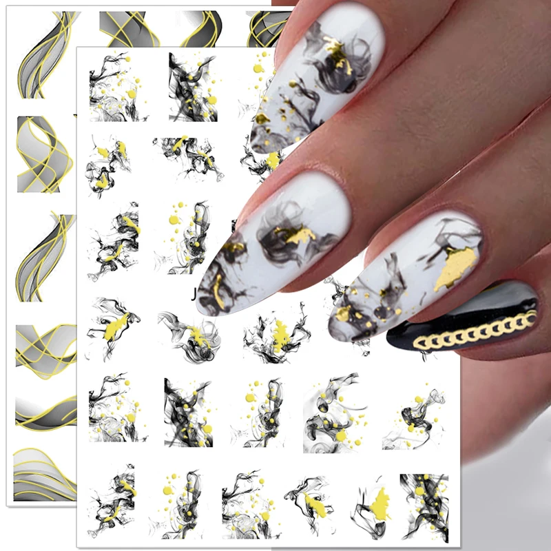 

Marble Smoky 3D Nails Stickers Black Gold Lines Nail Decals Blooming Ink Painting Flower Butterfly Decal DIY Decoration Manicure