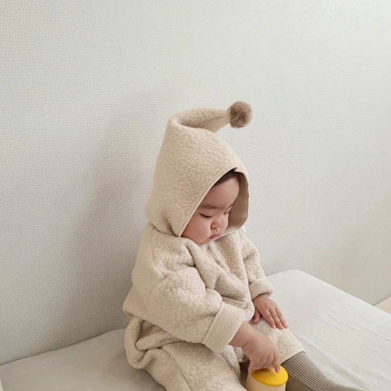 

Winter Baby Rompers Lining Fleece Boys Hoodie Jumpsuits Front Pocket Baby Clothes