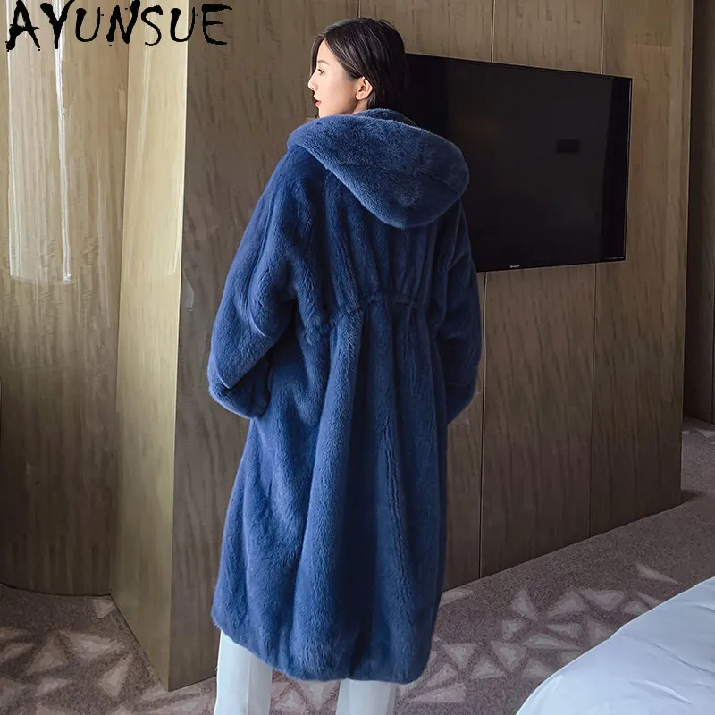 Фото AYUSNUE Натуральная норковая шуба для женщин, роскошная зимняя одежда, цельная норка, модная новинка, средней длины 90 см, женская шуба №1