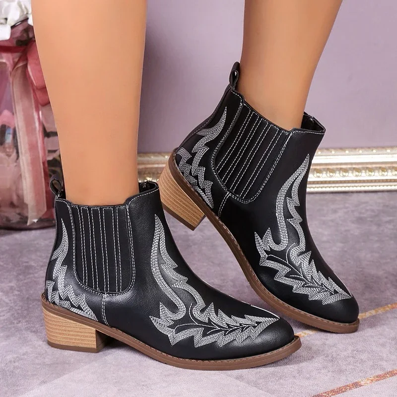

Pointed Toe Women Appliques Chelsea Ankle Boots Elegant Goth Ethnic Pumps 2024 New Shoes Designer Fashion Casual Female Botas