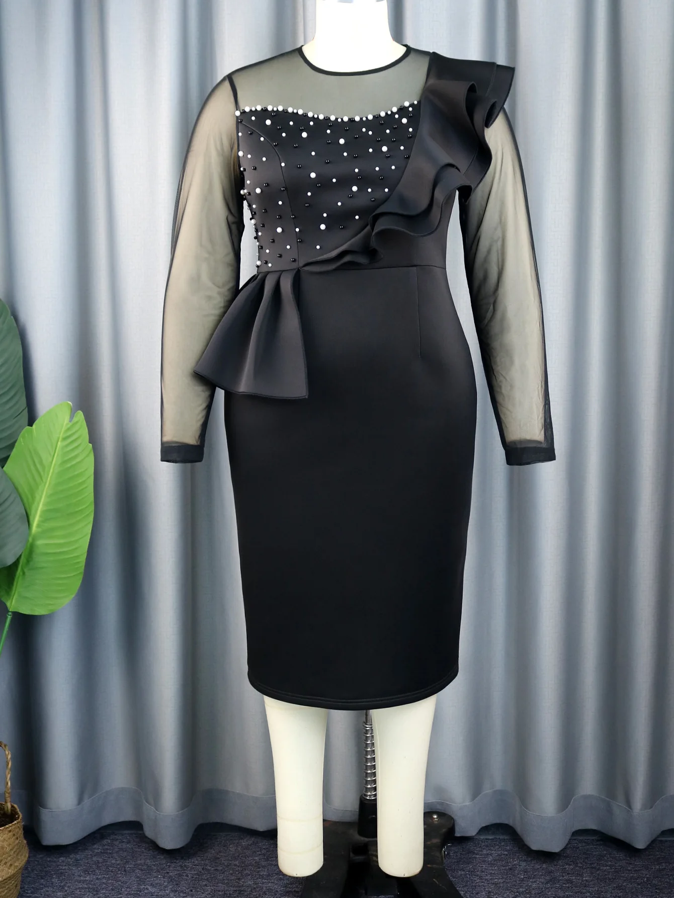 Plus Size Evening Women Dress Mesh Pearl Elegant Midi Clothing Female Casual Luxury Wedding Gown 2023 Summer Party New In Dress