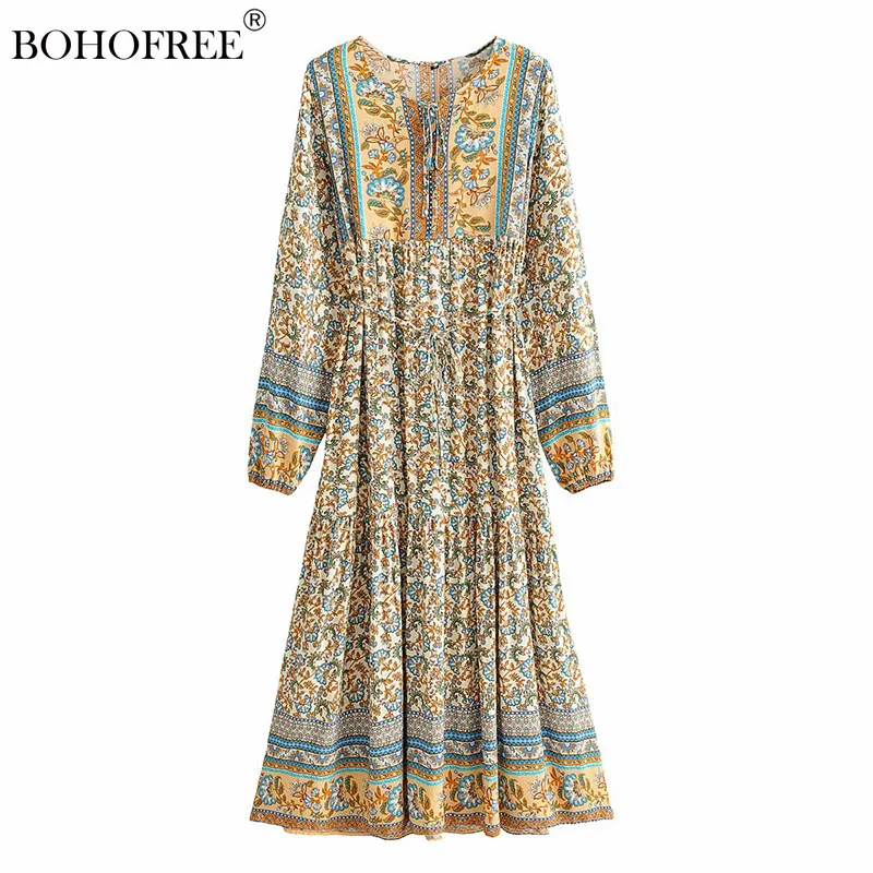 

Vintage Chic Rayon Cotton Long Dress V Neck Beach Dress Hippie Vestidos Long Sleeve Sashes Bohemian Style Ethnic Vestidos Mujer