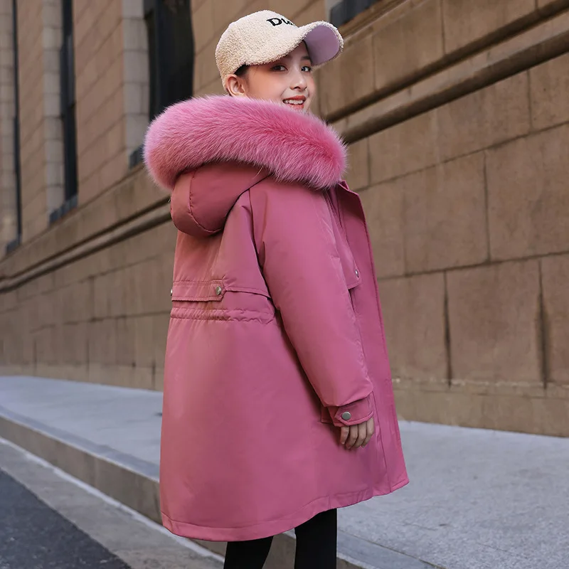 

Kids Girl Winter Parkas -30 degree Teen Girls Thicken Warm Down Jackets Big Fur Hoodies Fashion Casual 2 pieces Winter Coat