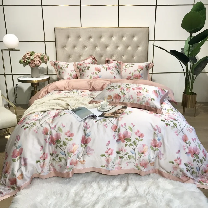 

Summer Smooth Soft Silky Forest Floral Botanical Pattern Pink Bedding Natural Healthy Quilt Cover Set Flat Sheet Pillowcases