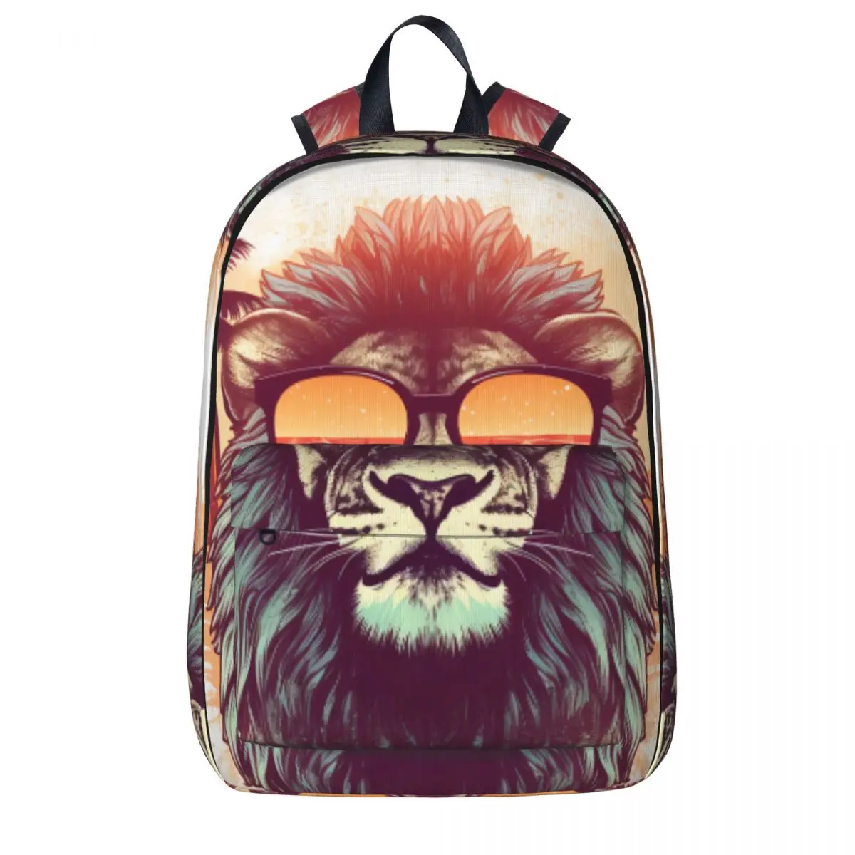 

Lion Backpack Animals With Sunglasses Sunset Retro Teen Polyester Travel Backpacks Large Kawaii High School Bags Rucksack