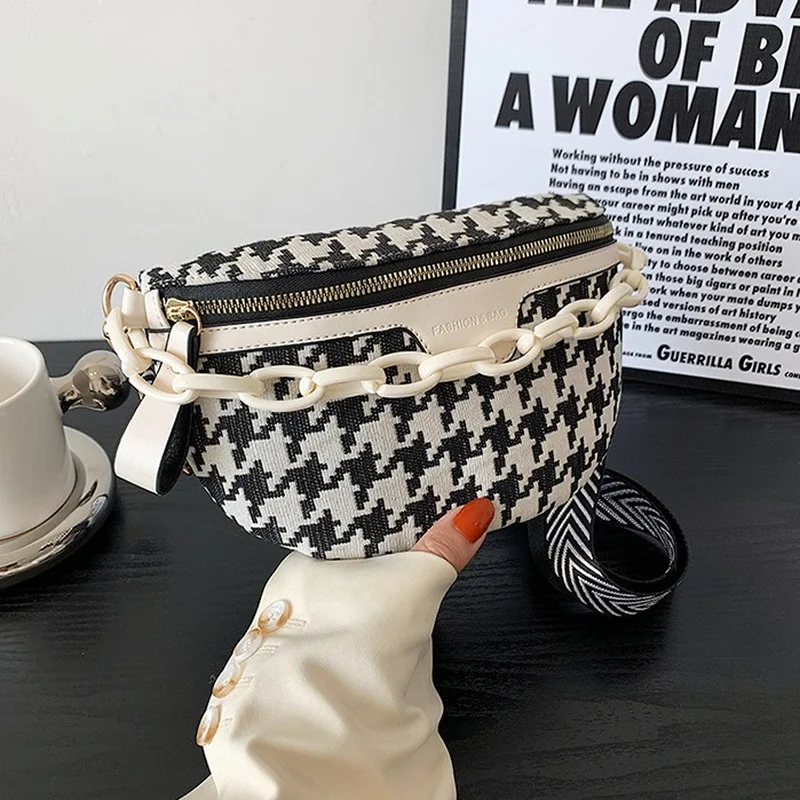 

Elegant Houndstooth Canvas and PU Waist Bags For Women Chain Fanny Packs Female Stylish Waist Pack Wide Strap Crossbody Belt Bag