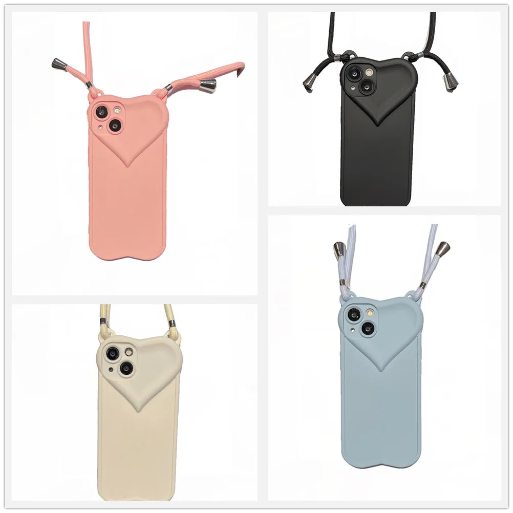 

Simple Solid Color Love Silicone Phone Case for Iphone12 Promax 12pro 11promax 13pro 13promax Phone Case with Crossbody Rope