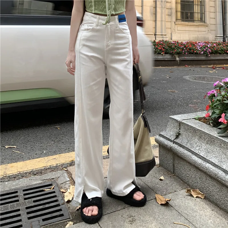 

DD2196 White slit jeans women's loose straight summer new high-waisted slim wide-leg pants design pants jeans