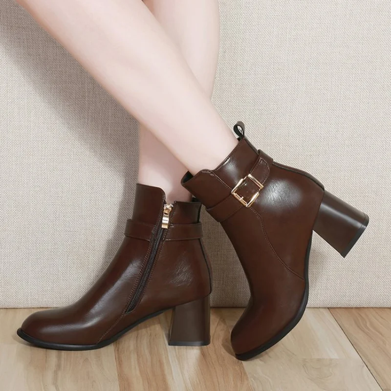 Women's Ankle Boots Winter Suede High Heels Ladies Fashion Autumn Pointed Toe Gladiator Black Brown Leather Shoes Plus Size 40