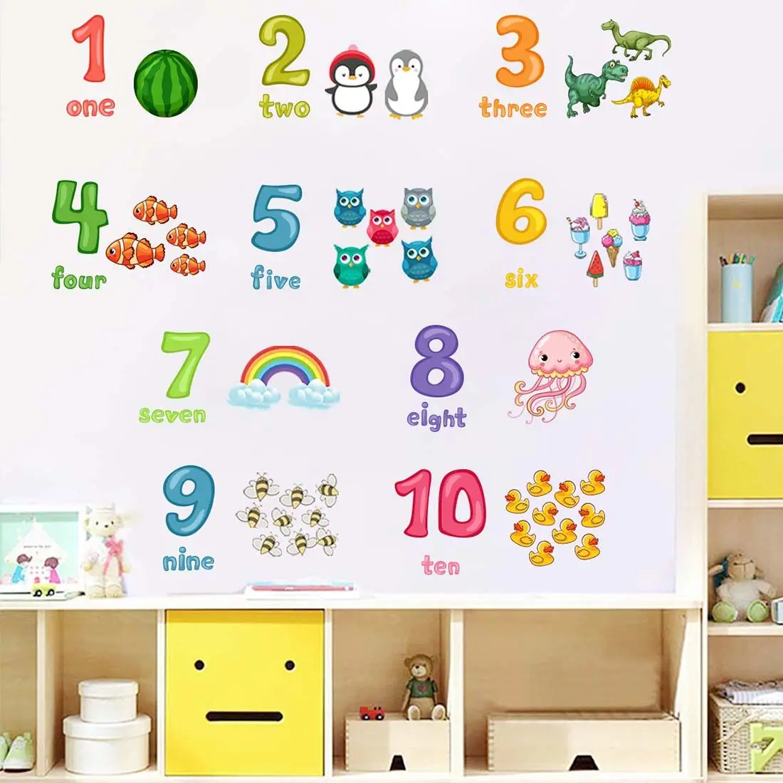 

Living Room Early Education Vinyl Mural Art DIY Wall Decal Jungle Fruit Cartoon Animal Wall Sticker Number