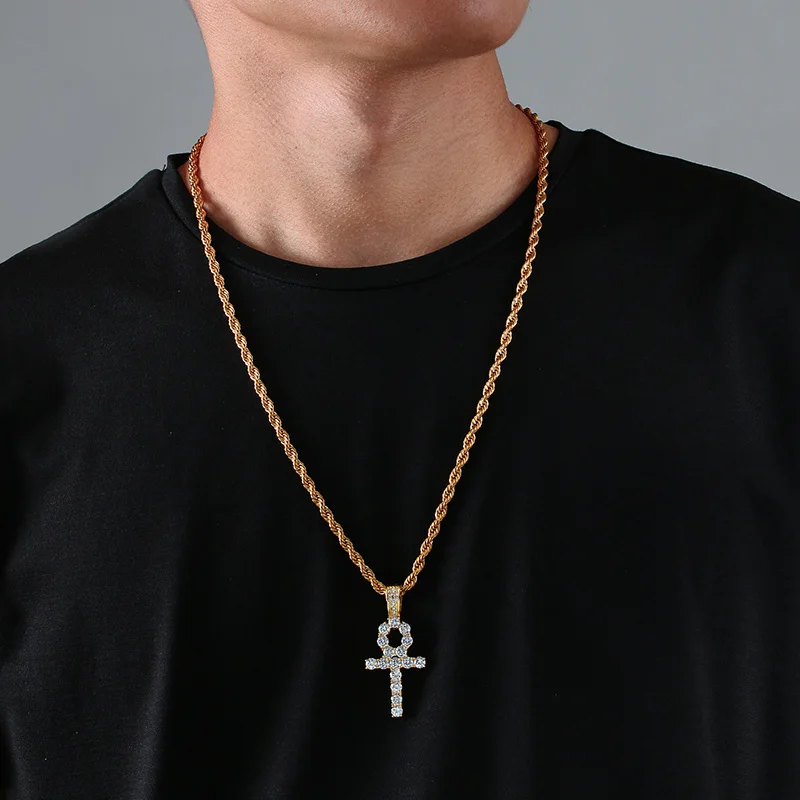 

Hip Hop Boy ICED OUT ANKH Cross Brass Pendant Tennis Chain Necklace for Men Jewlery