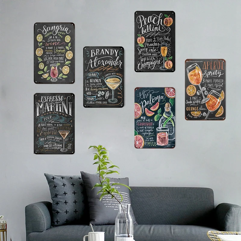 

6 шт. винтажный коктейльный оловянный постер, металлические знаки, настенные наклейки, украшения, ретро мартини Мохито, металлические табли...