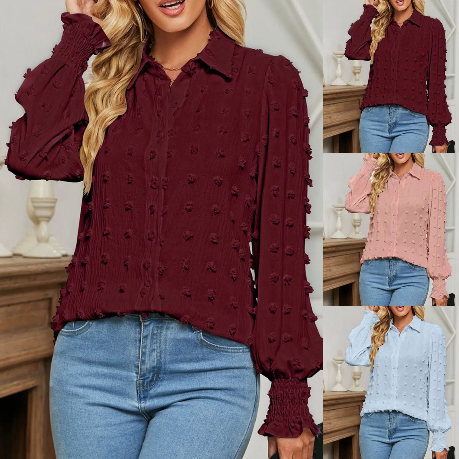 

Womens Casual Fashion Long Sleeve Blouse Fashion Button Tops Breathable Button OL Women Tops Loose Social dress shirt