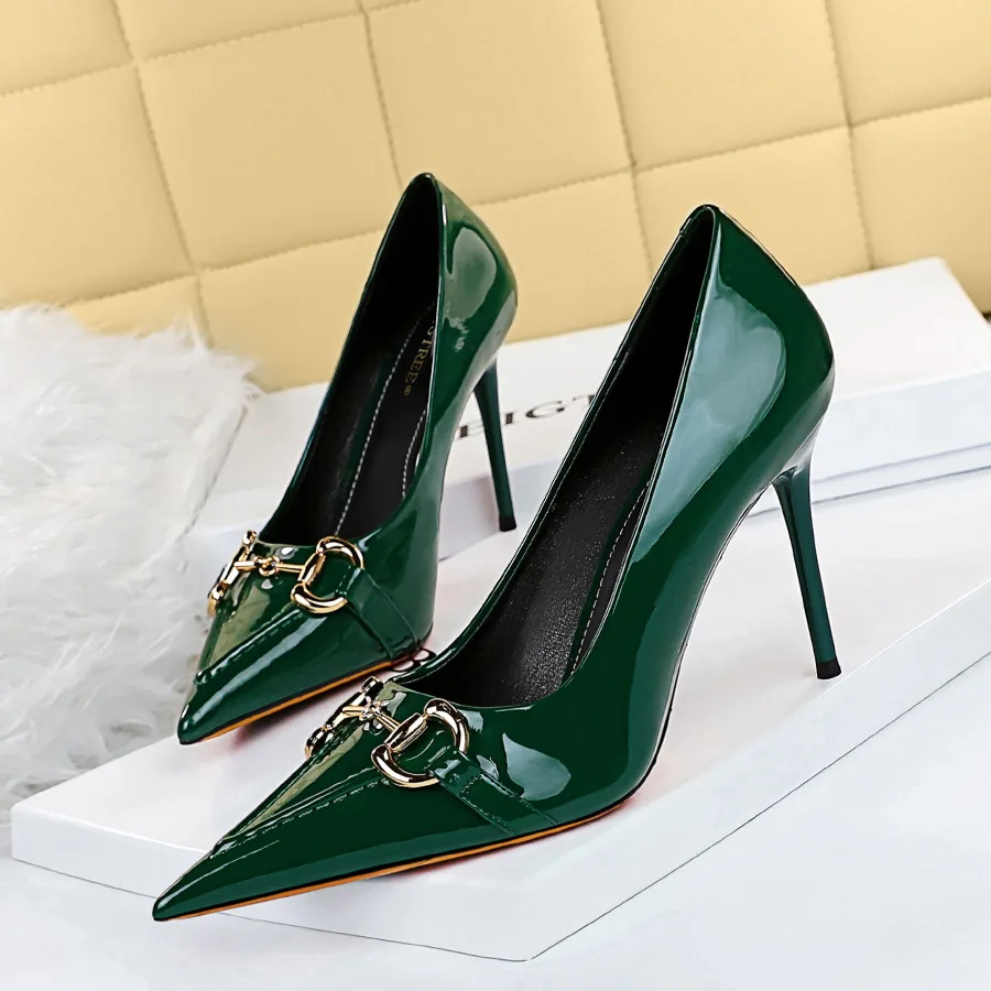 

Women High Heels Sandals Patent Leather Solid Color Pointed Stiletto Low Top Heightening Shoes Wedding