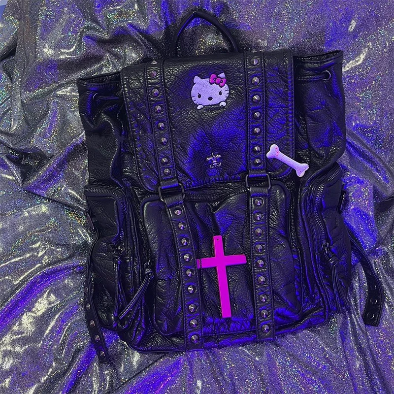 

Рюкзак Y2K Sanrio с вышивкой Hello Kitty для девочек, оригинальный вместительный ранец ручной работы с заклепками в стиле панк