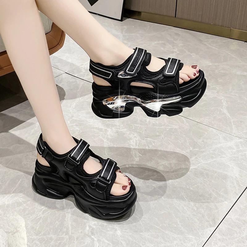 Women Chunky Sandals Sequin Summer Designer Open Toe Hook Loop Slippers 7CM High Heels Mesh Sandals Casual Woman Wedges Sneakers