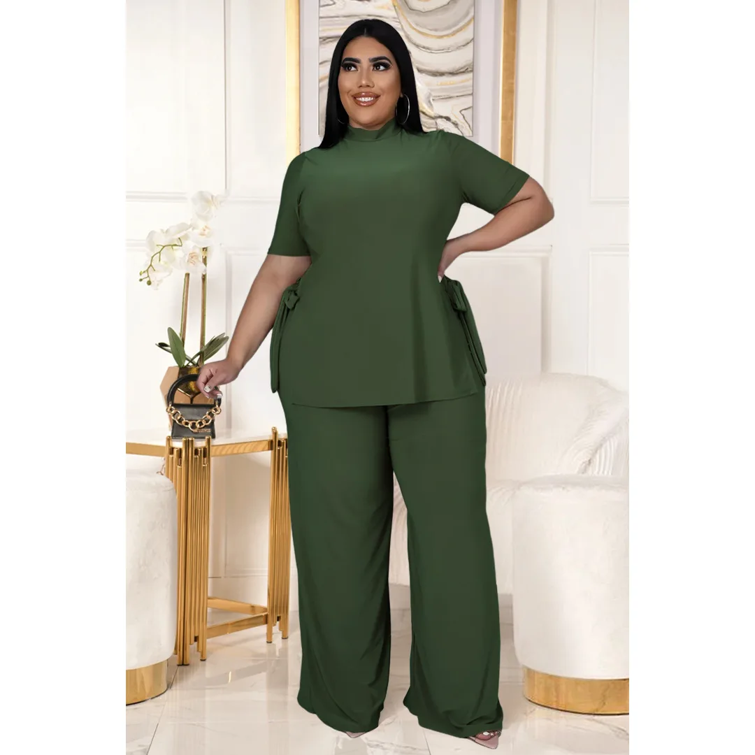 Plus Size Sets Solid Color Short Sleeve Casual Strap Wide Leg PantsTwo-piece Set  Plus Size Women Clothing Two Piece Set Women