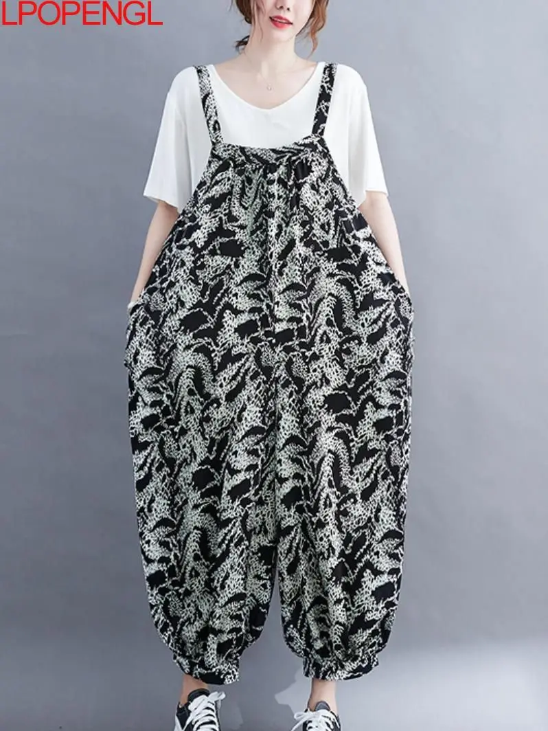 

New Cotton Ink Graffiti Printed Casual Jumpsuit Loose Women's Clothing Ankle-length Pants Suspenders Summer Big Pocket Bloomers
