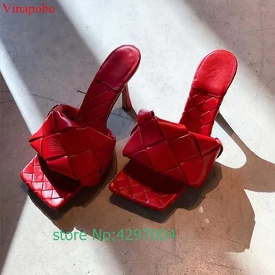 2022 Big Size 42 New Fashion Square Toe Weave High Heels Shoes Women Slippers Leather Designer Ladies Beach Sandals Slides Shoes