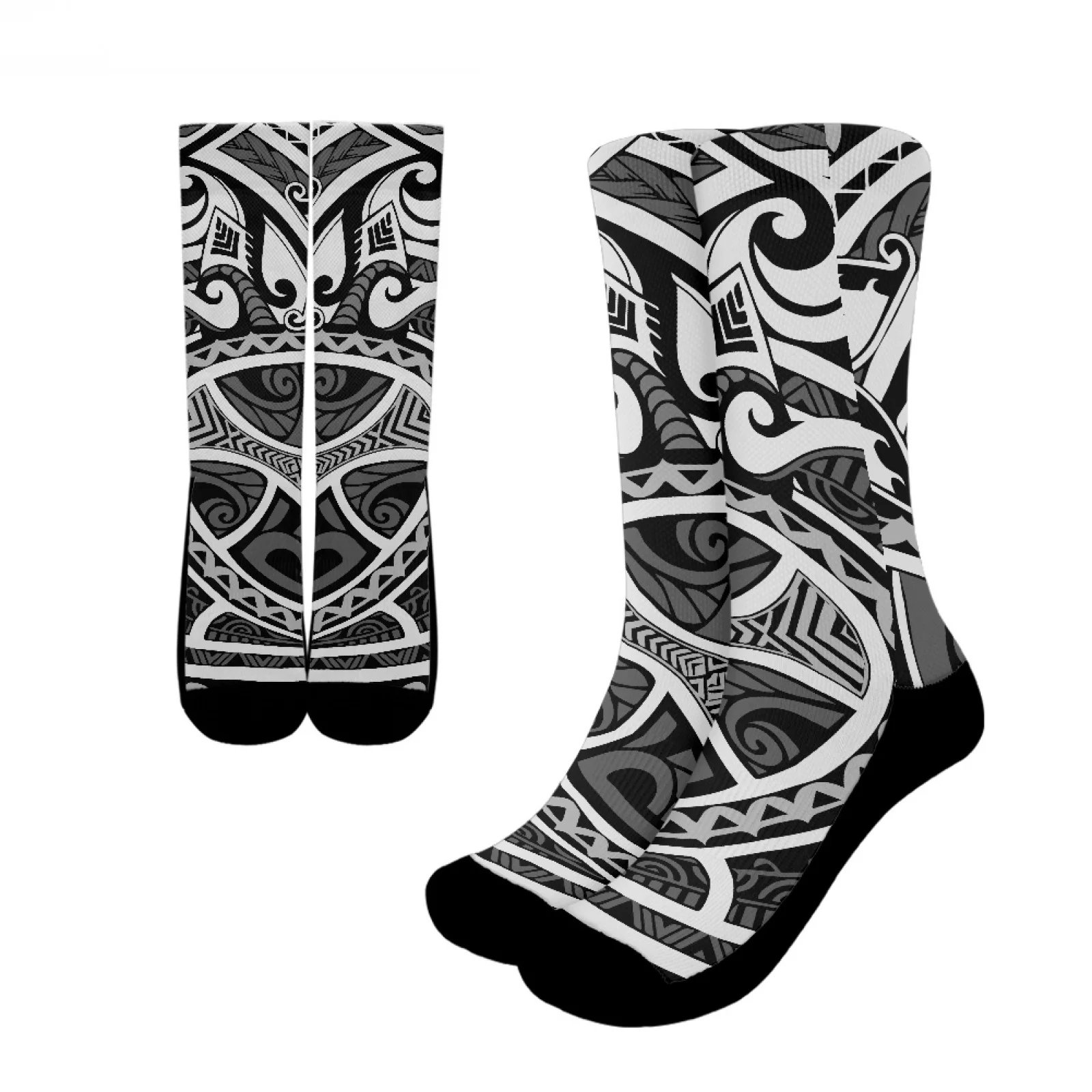 

Polynesian Tribal Pohnpei Totem Tattoo Prints Skin-Friendly And Breathable Sports Socks Comfort Casual Black White Crew Socks