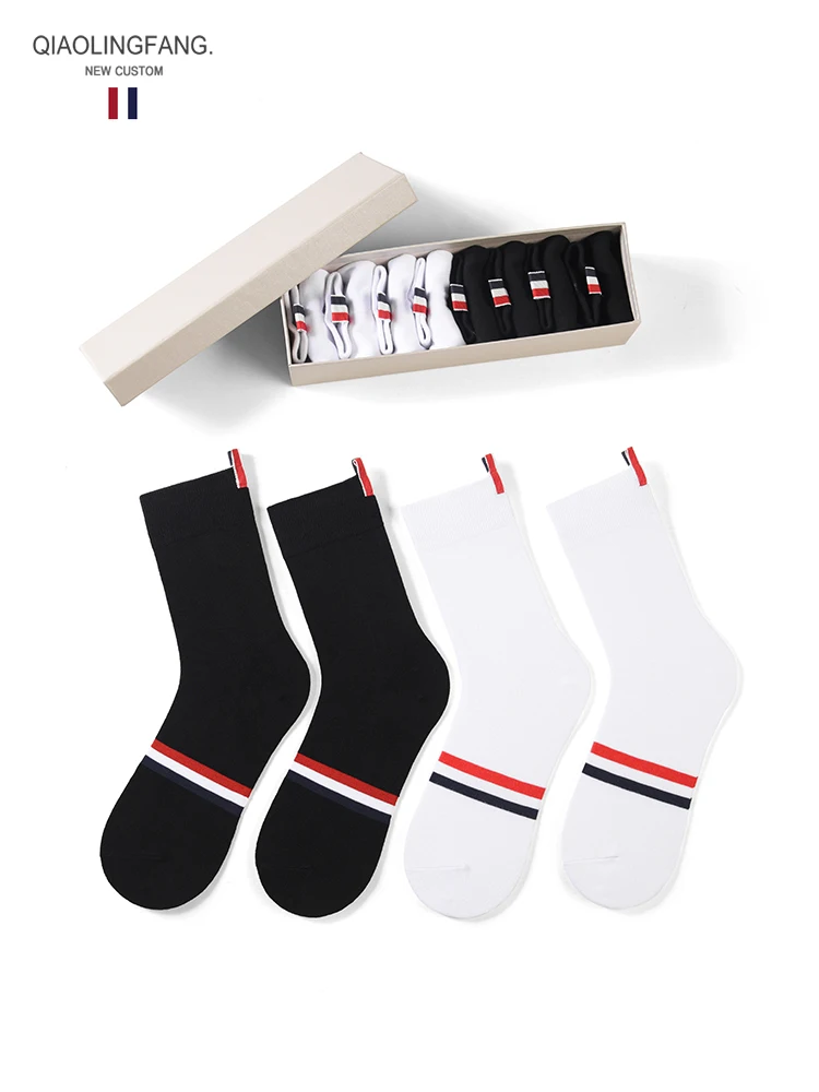

4pairs TB medium tube socks gift box calf socks four-bar net red college style Korean black and white long tube pile socks women