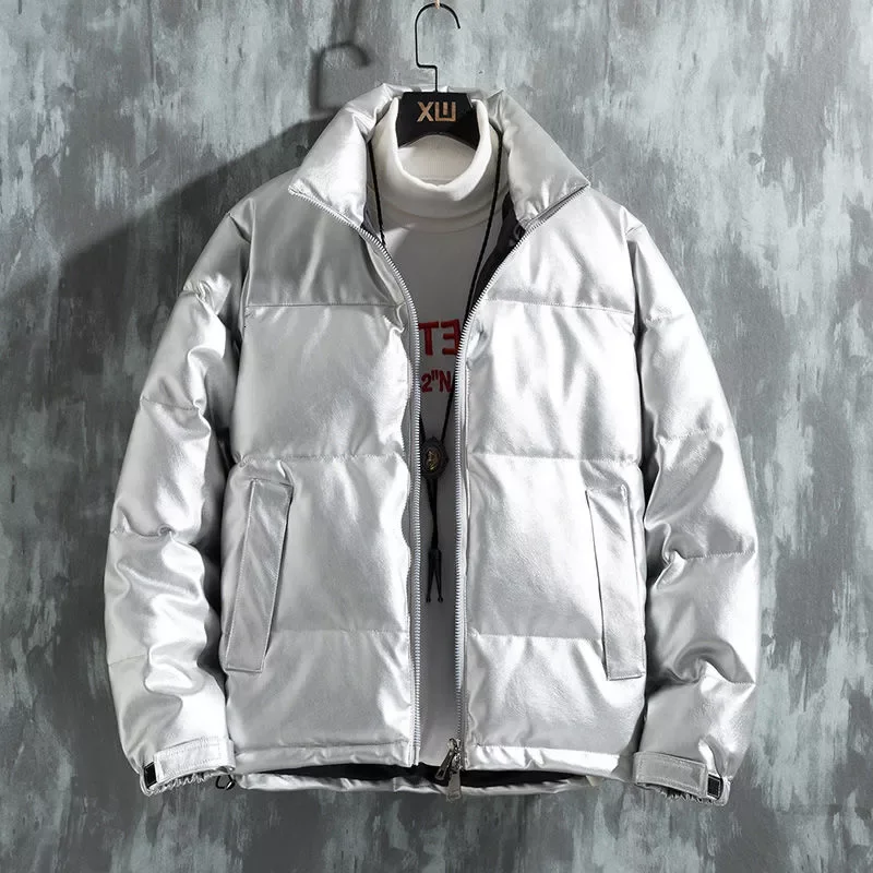 Stand Collar Men`s Pu Leather Cotton Padded Winter Bread Coat Loose Outwear Bright Cotton Parkas Clothes Fashion