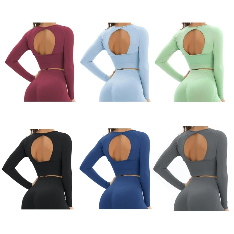 

Женские укороченные топы с длинным рукавом, спортивные бюстгальтеры для воркаута, фитнеса, бюстгальтер с открытой спиной 10CD