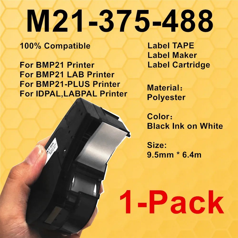 

1PK M21-375-488 Label Ribbon Tags Black on White Polyester Compatible Cartridge Maker Use For BMP21-PLUS IDPAL LABPAL Printer