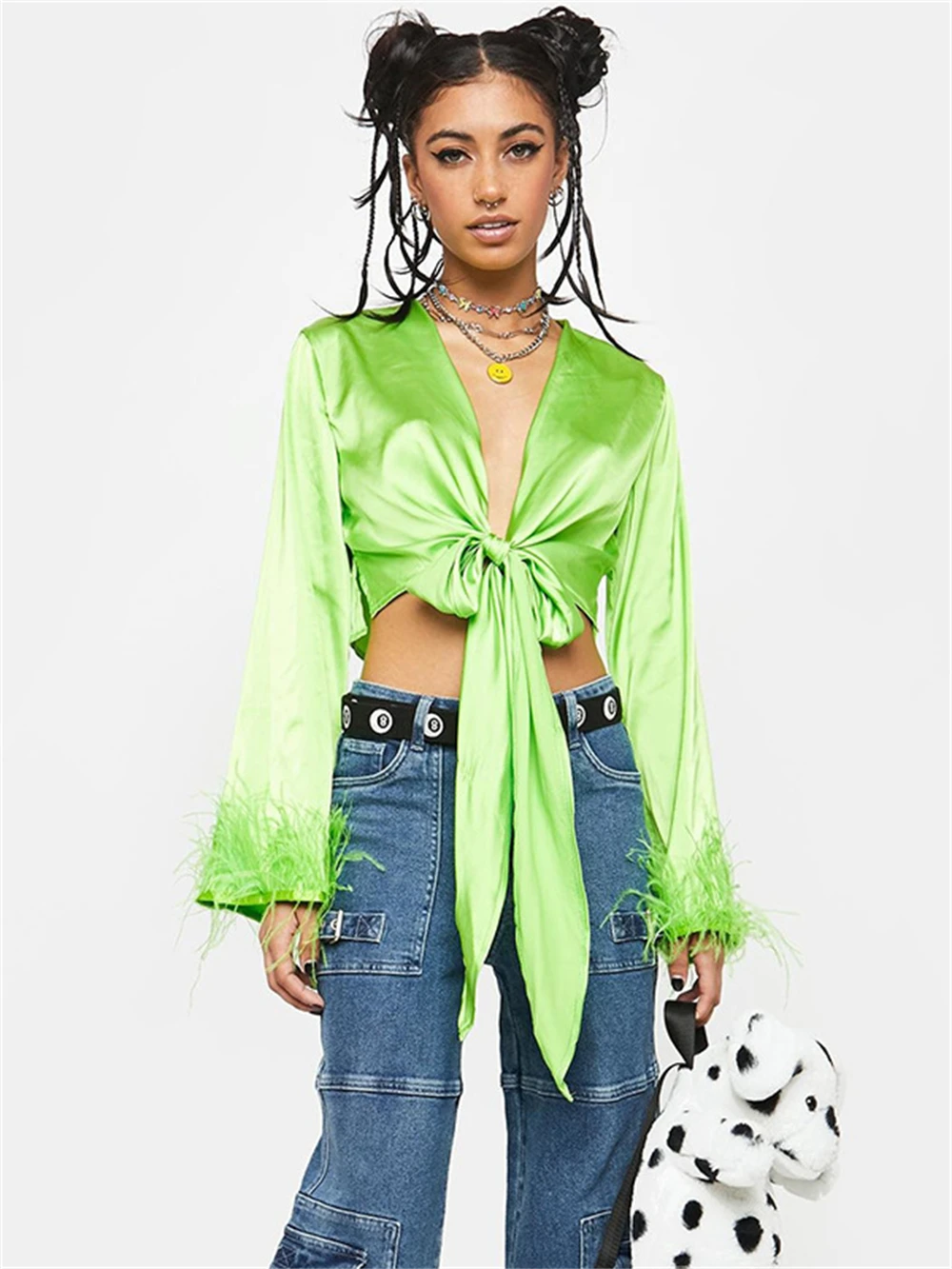 

Women Solid Y2k Sexy Shirt Fairy Grunge Green Bandage Cardigan Female Slim Fashion Club Wear Vintage Street Style Casual Tops