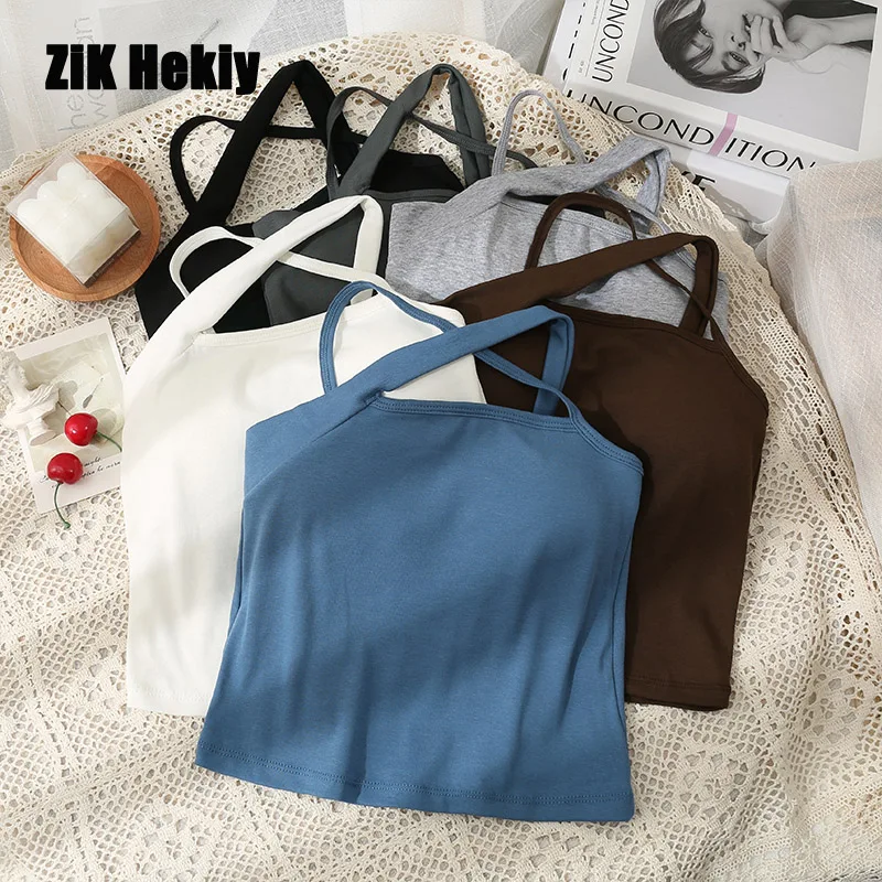 

Zik Hekiy Women Cross Design Hanging Neck Beauty Back Bottoming Shirt New Removable Chest Pad Short Paragraph Camisole Tops