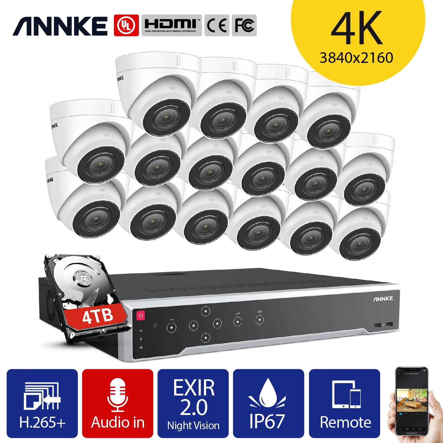 Сетевая система видеонаблюдения ANNKE, 16 каналов, 4K Ultra HD, POE, 12 Мп, H.265 + сетевой видеорегистратор с 16 камерами 8 Мп, погодозащищенная IP-камера, ком...