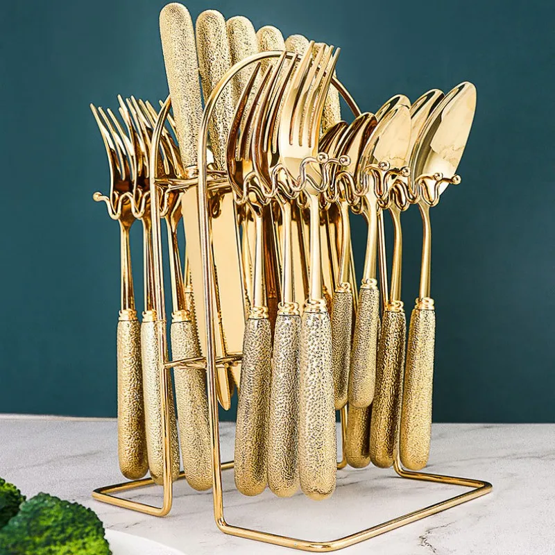 High-end Titanium Gold Process Stainless Steel Tableware Light Luxury Tableware Cutlery Set Kitchen Dining Bar Home Garden