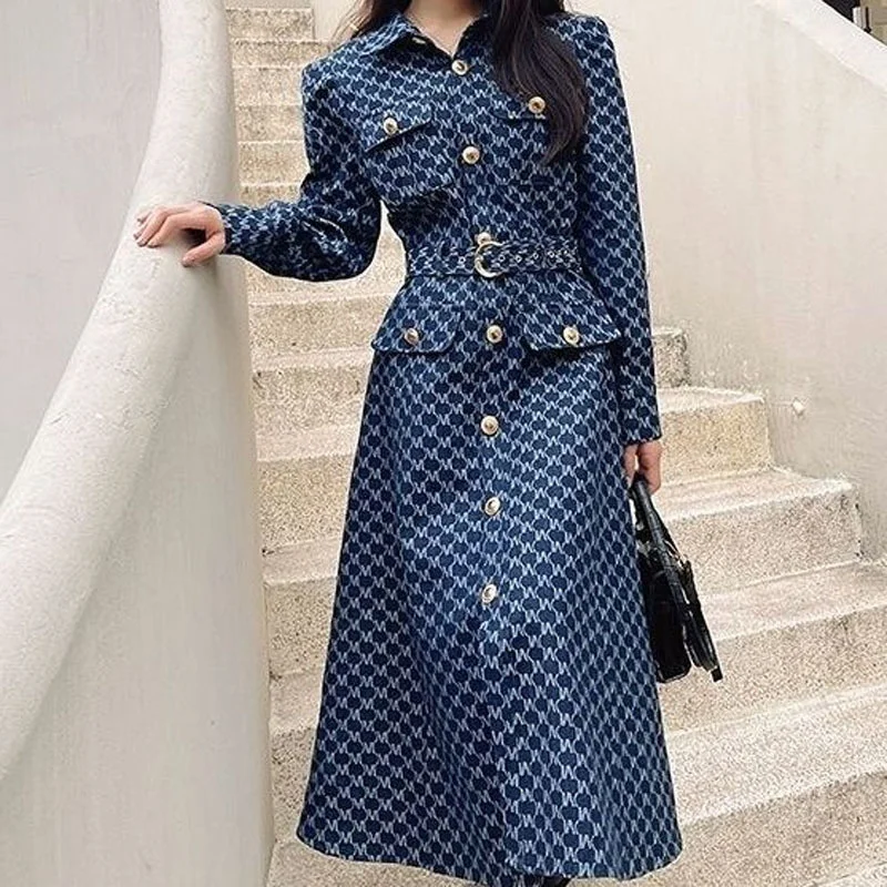 Fashion Single-breasted Printed Midi Dress Autumn Korean Vintage Turn-down Collar Belt Denim Spliced Dresses Female Clothin
