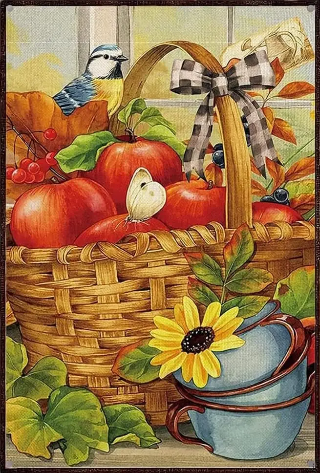 Metl Wll Decor Fll pple Bsket Tn Sgn Vntge Decorton Grge Home Grden Cfes Ktchen ntque Sgns 8x12 nch