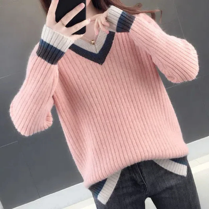 Офисная женская одежда осенне-зимний свитер с v-образным вырезом вязаный пуловер