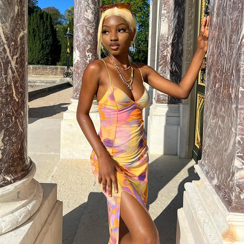 

Summer Floral Beach Sexy Dress Women's Printed V-neck Streetwear Mid-length Spaghetti Strap Sleeveless Dress Women Maxi Dresses