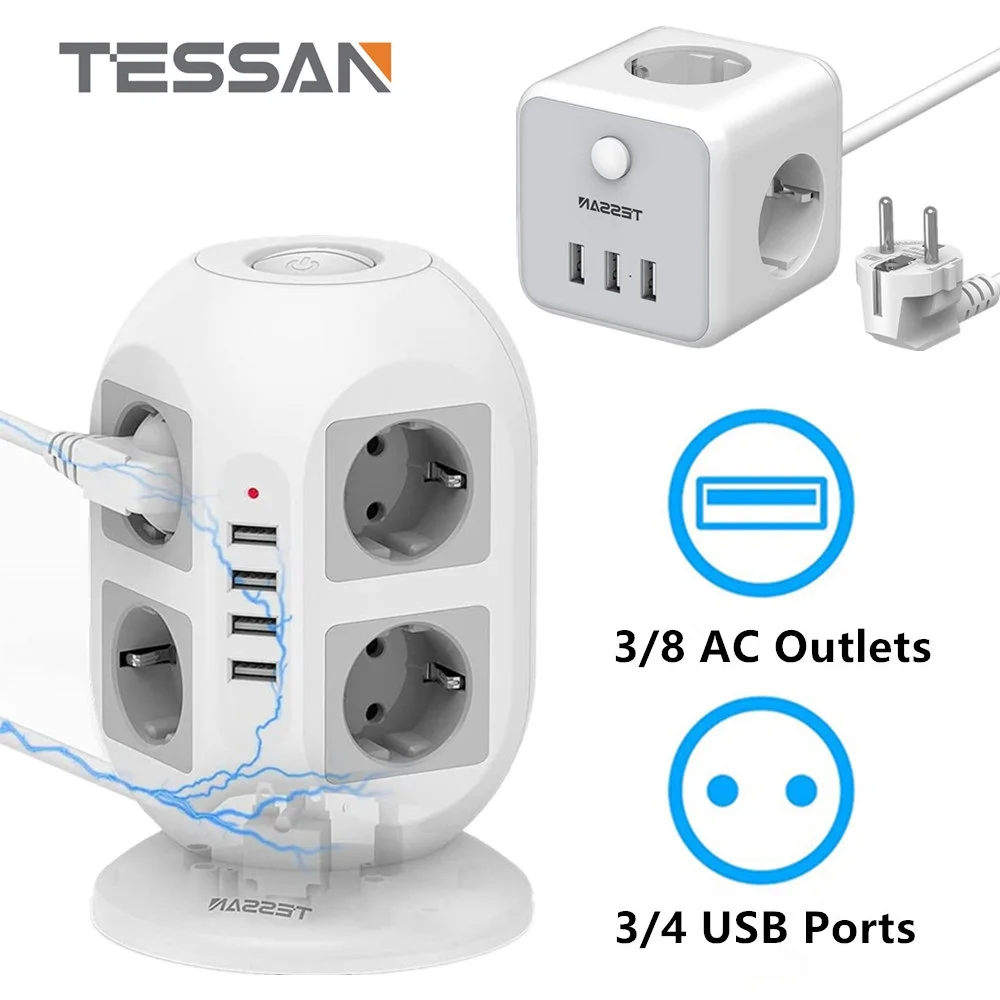 

TESSAN Tower Power Strip Vertical Surge Protection EU Plug Multiple Sockets with Switch 8 Outlets 4 USB Ports 2m Extension Cable