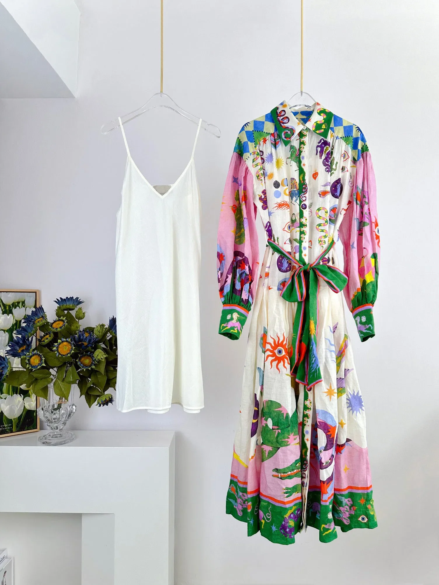 

Женское праздничное платье миди с отложным воротником, смешанным принтом, поясом и длинными рукавами-фонариками