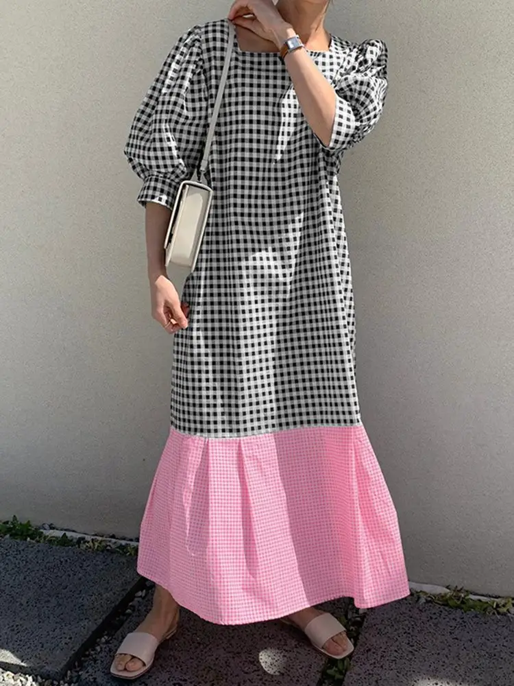 

Платье ZANZEA женское в богемном стиле, длинный сарафан в клетку, свободного покроя, с пышными рукавами, в стиле пэчворк, на лето 2022