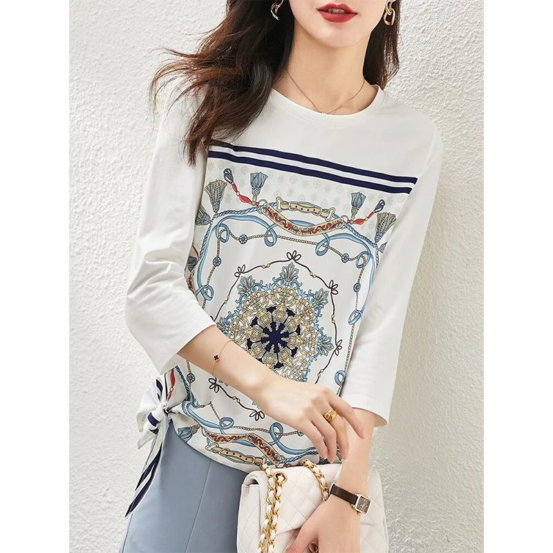 

Женская хлопковая Футболка с принтом, свободный эластичный Топ большого размера с рукавом 2022 и графическим принтом, одежда для женщин, весн...