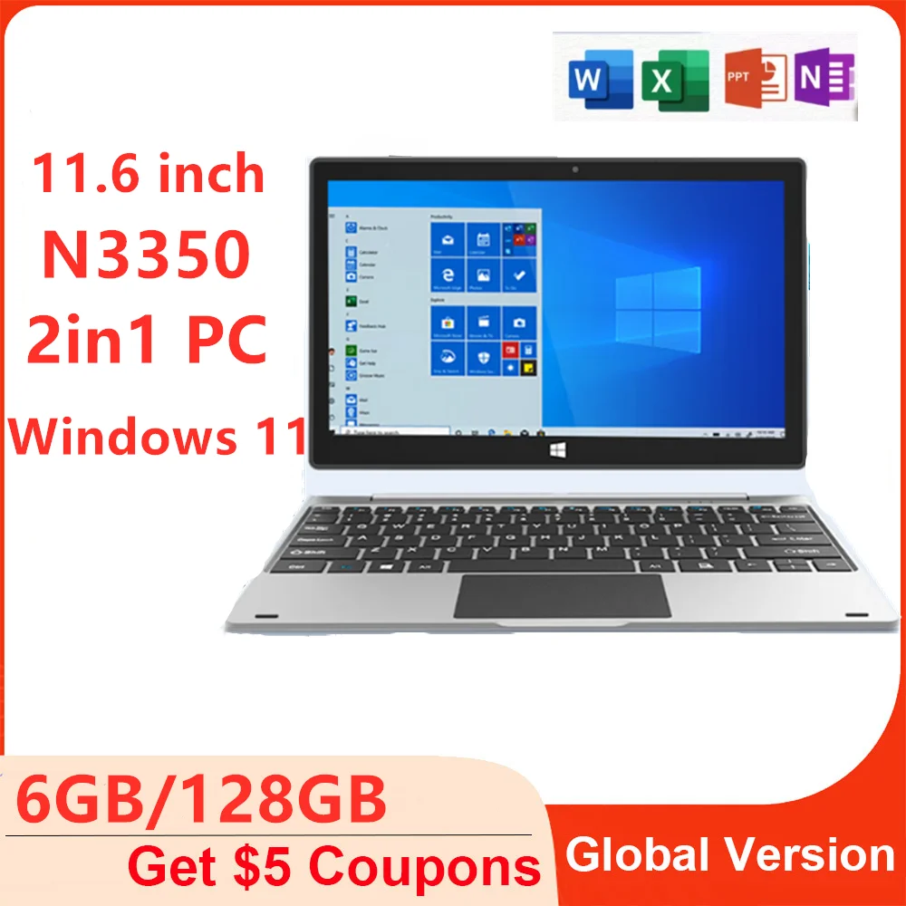 11.6 INCH 2 in1 Office Tablet PC Extremely Thin IPS Windows 11 Intel N3350 6GB RAM + 128GB ROM Support Type-C HDMI Dual Camera