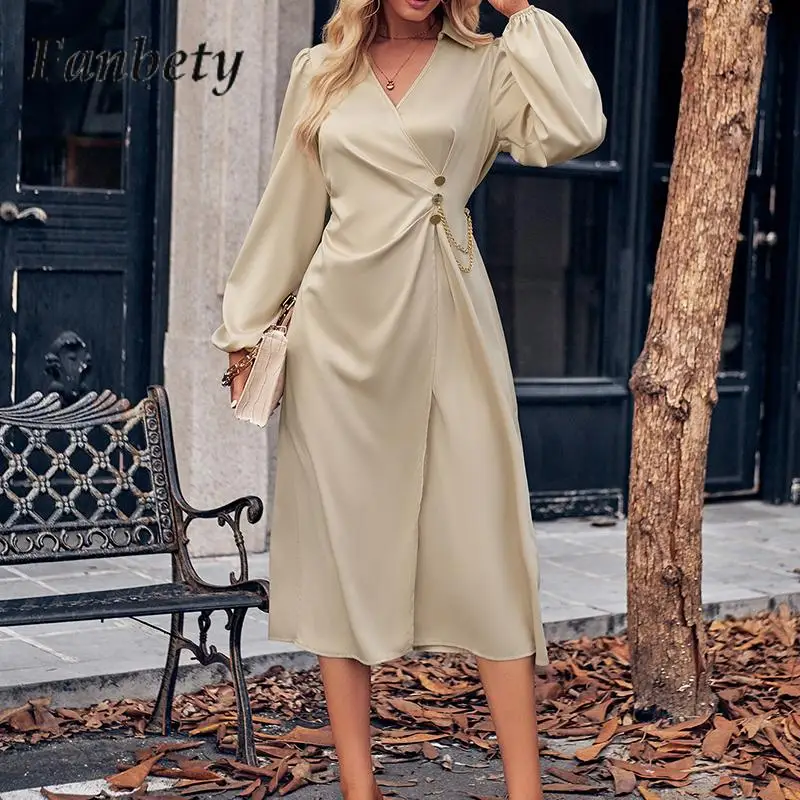 

Женское облегающее платье на пуговицах, элегантное платье с V-образным вырезом и длинными рукавами, универсальное однотонное платье во французском стиле