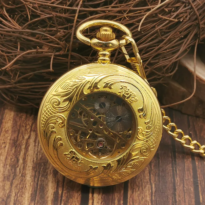 Gold Engraved Vintage Mechanical Pocket Watch Pendant With Chain Roman Numerals Display Men Women Fashion Gift