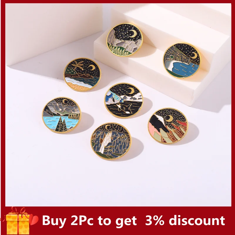 

Retro Mountain Landscape Painting Series Pin, Night Scene Alloy Brooch, Clothing Accessories Wholesale, Bag Decoration Badge