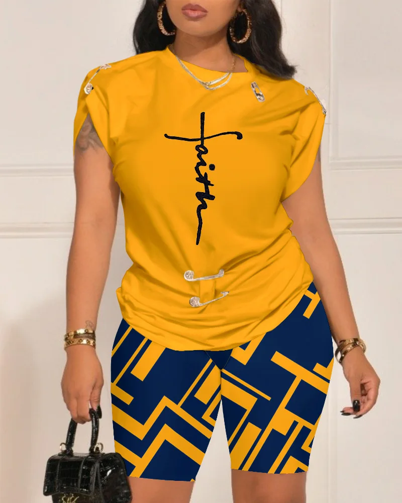

Faith Print Round Neck Top & Geometric Print Shorts Set Women 2023 Summer Short Sleeve Tee T Shirt High Waist SHorts Pants
