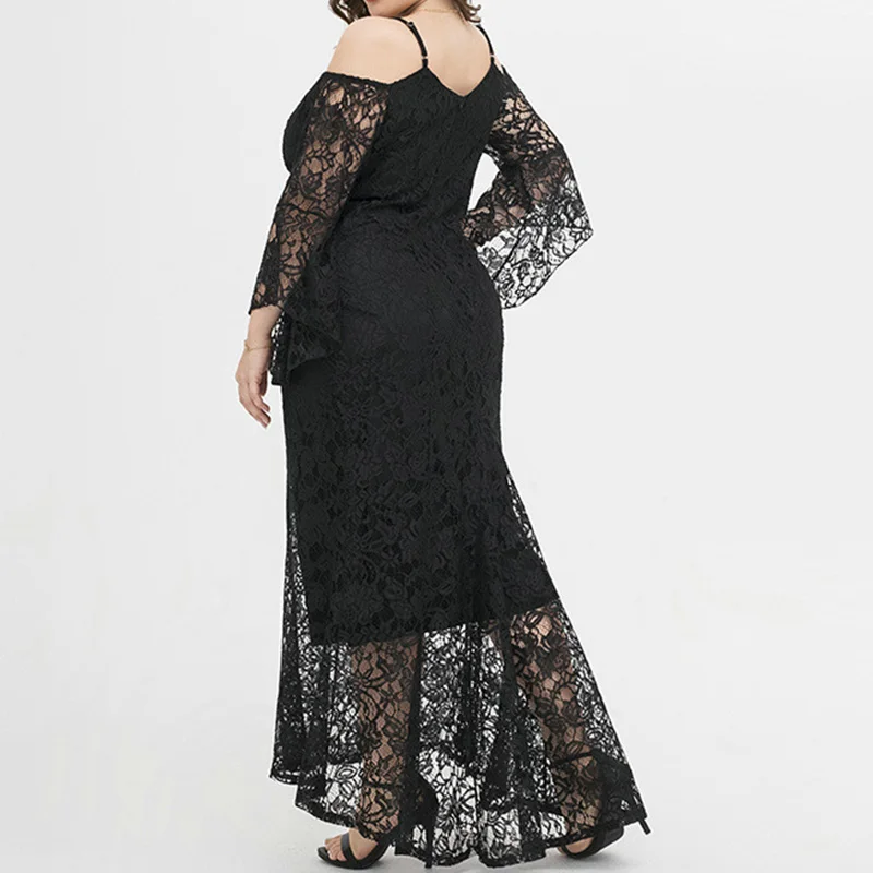 Plus Size Womens Clothing Black Off Shoulder Long Sleeve Evening Party Elegant Lace Hook Flower Hollow Backless Plus Size Dress