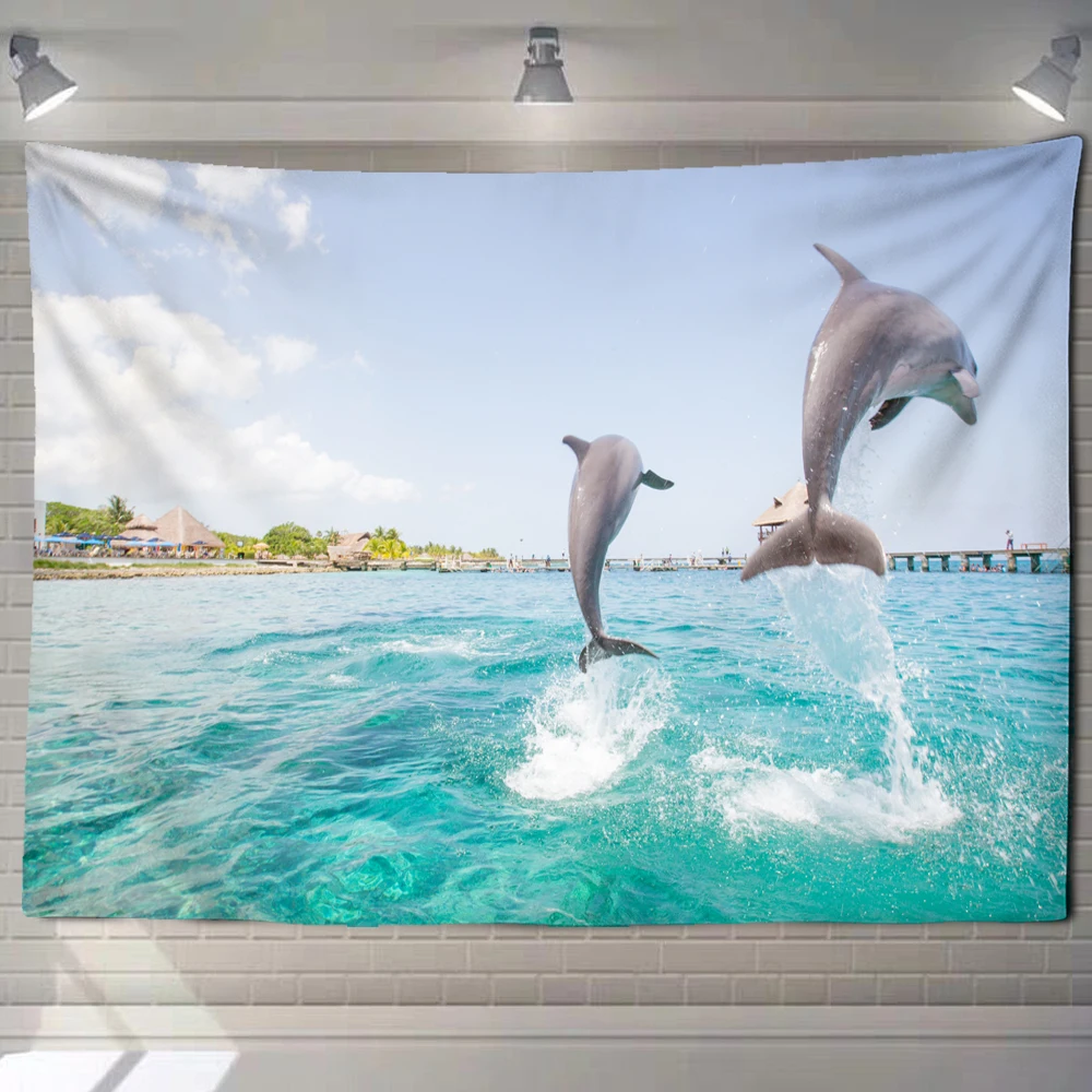 

Undersea World Tapestry Wall Hanging Turtle Shark Mermaid Dolphin Tapestry 3D Printed Wall Tapestry for Living Room Bedroom Dorm