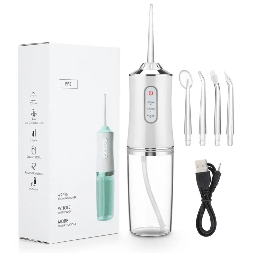 

Oral Irrigator Portable Dental Water Flosser USB Rechargeable Water Jet Floss Tooth Pick 4 Jet Tip 220ml 3 Modes IPX7 1400rpm